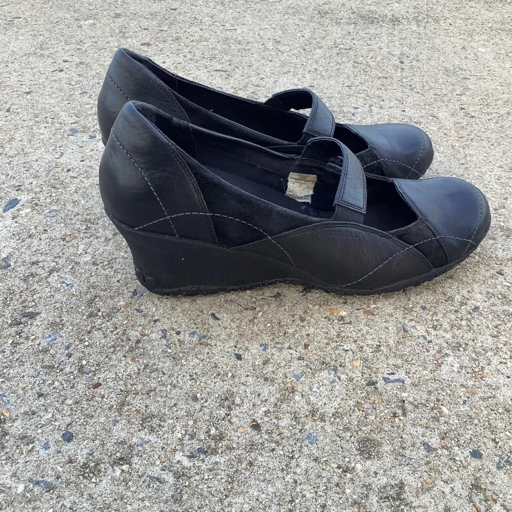 Merrell Orchid Black Leather Suede Mary Jane Wedge Shoes J46204 Vibram Womens 11